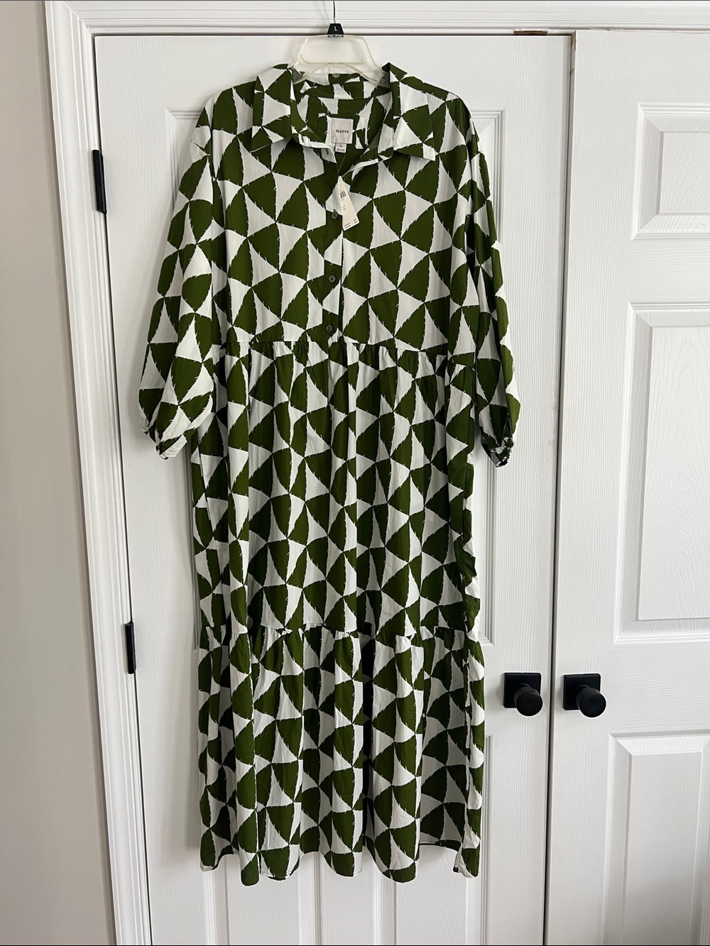 Anthropology Maeve Green & White Geometric Midi Shirt Dress